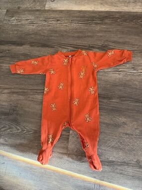 Pekkle Orange Bear Print Zip Footed One-Piece for Kids